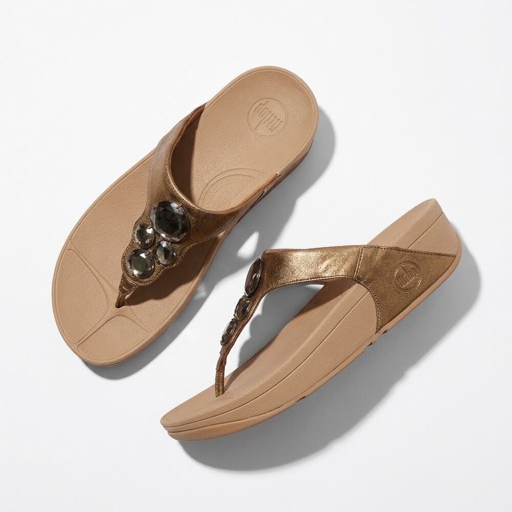 FitFlop Metallic Bronze Crystal Embellished T-Strap Slide Sandals Womens 10
